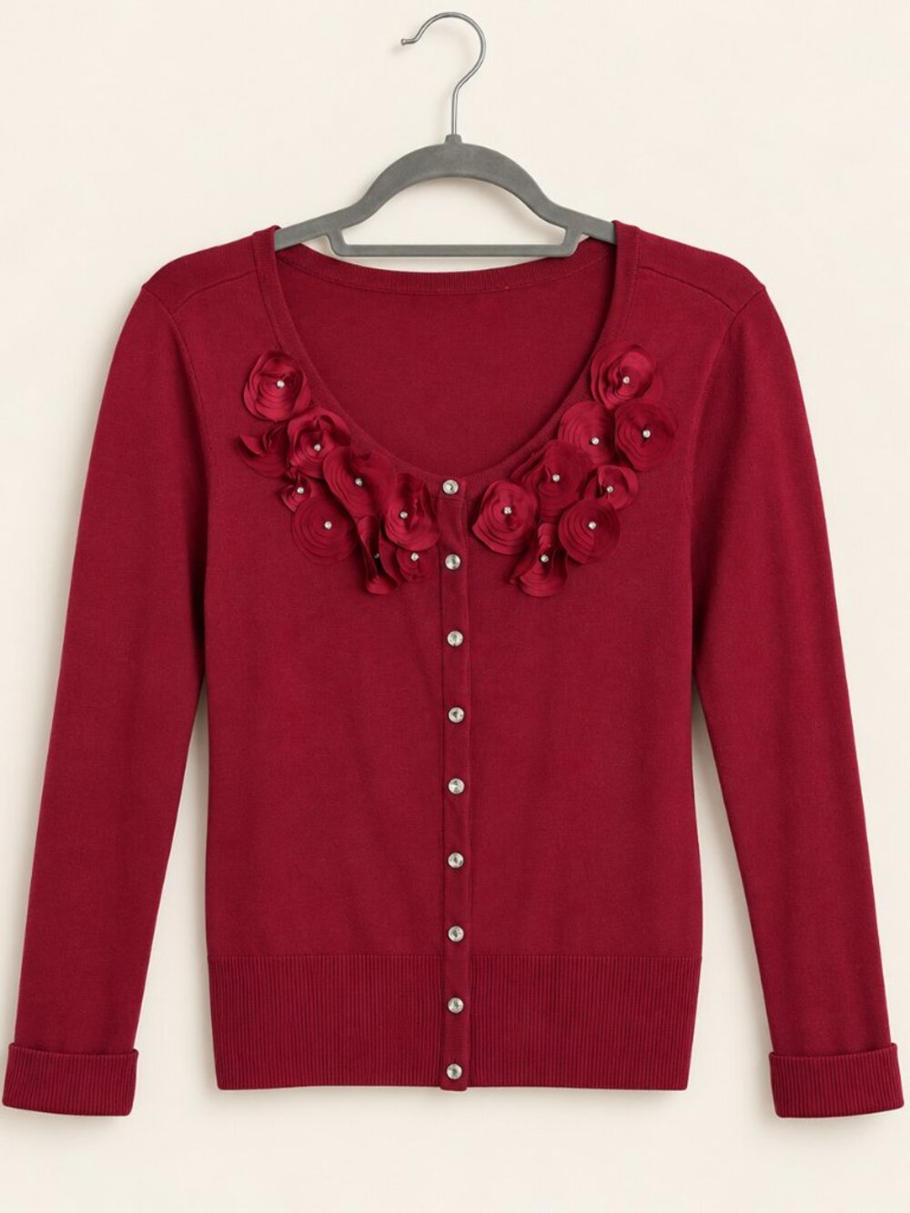 White House Black Market Berry Red Floral Embellished Button Cardigan